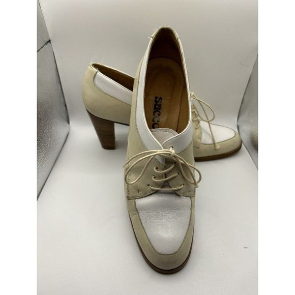 Sacco Vintage Oxford Pumps Cream White Lace Up Stacked Heel Saddle Shoes Women 8 - Picture 1 of 15